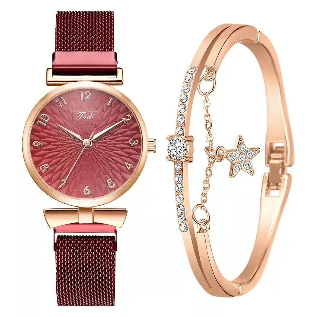 Fashion Women Watches Luxury Leather Buckle Flower Rhinestone Watch Ladies Quartz Wrist Watch Bracelet Set Reloj Mujer