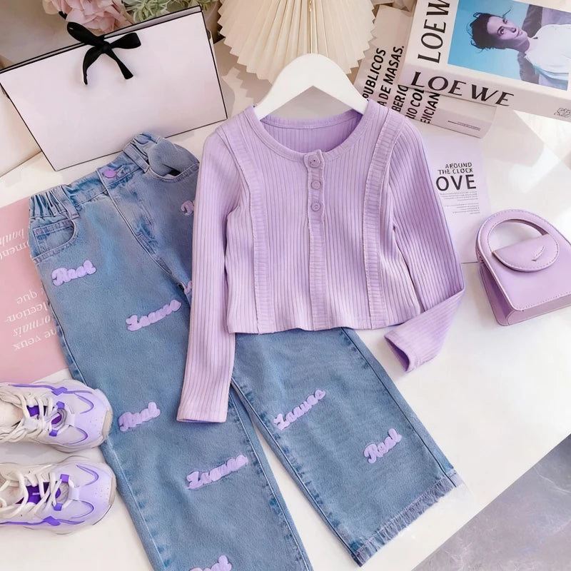 3-10Y Teen Girls Clothing Set Spring Autumn Solid Color Long Sleeve Top+Letter Print Wide Leg Jeans 2Pcs For Kids Fashion Outfit