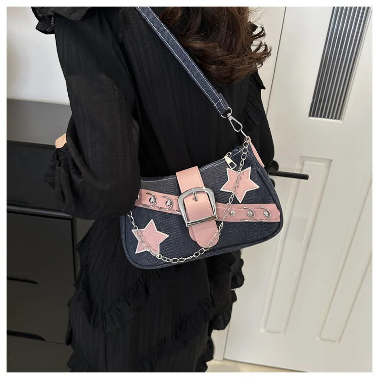 Y2k Hot Girls Denim Shoulder Bags Retro Rivet Star Women's Underarm Bag Portable Female Chain Armpit Bag Small Purse Handbags
