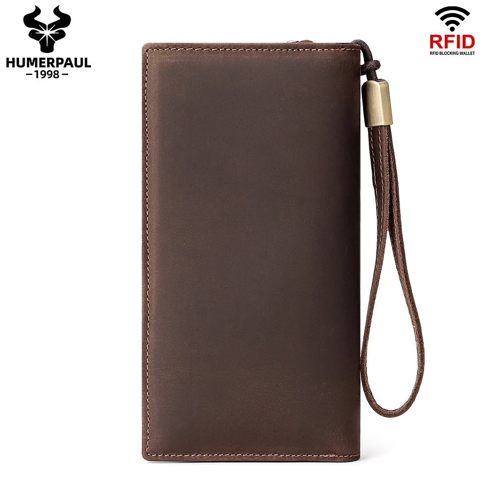 HUMERPAUL Full Grain Leather Wallet for Men Long Clutch with Cell Phone Pocket Multifunctional RFID Credit Card Holder Handbags