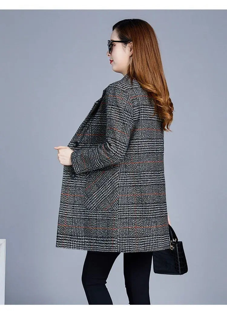 Mother's clothing Plaid Woolen Jacket 5xl Autumn Winter Female Thicken Slim Middle length Outwear Korea Women's Casual Wool Coat