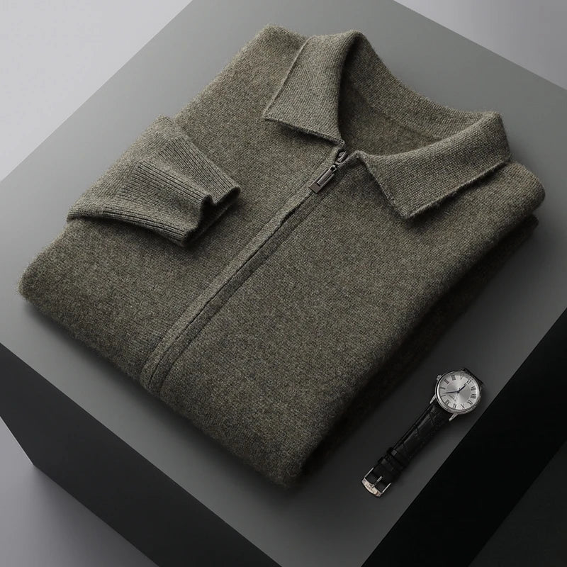 Men's Cardigan 100% Pure Cashmere Jacket Zippered Lapel Knit Sweater, Loose Thickened Long Sleeved Business Casual Autumn Winter