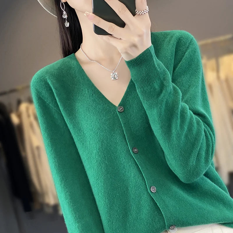 New Fashion Spring Autumn 100% Merino Wool Women's V-neck Cardigan Cashmere Sweater 2024 Female Knitwear Clothing Korean Tops