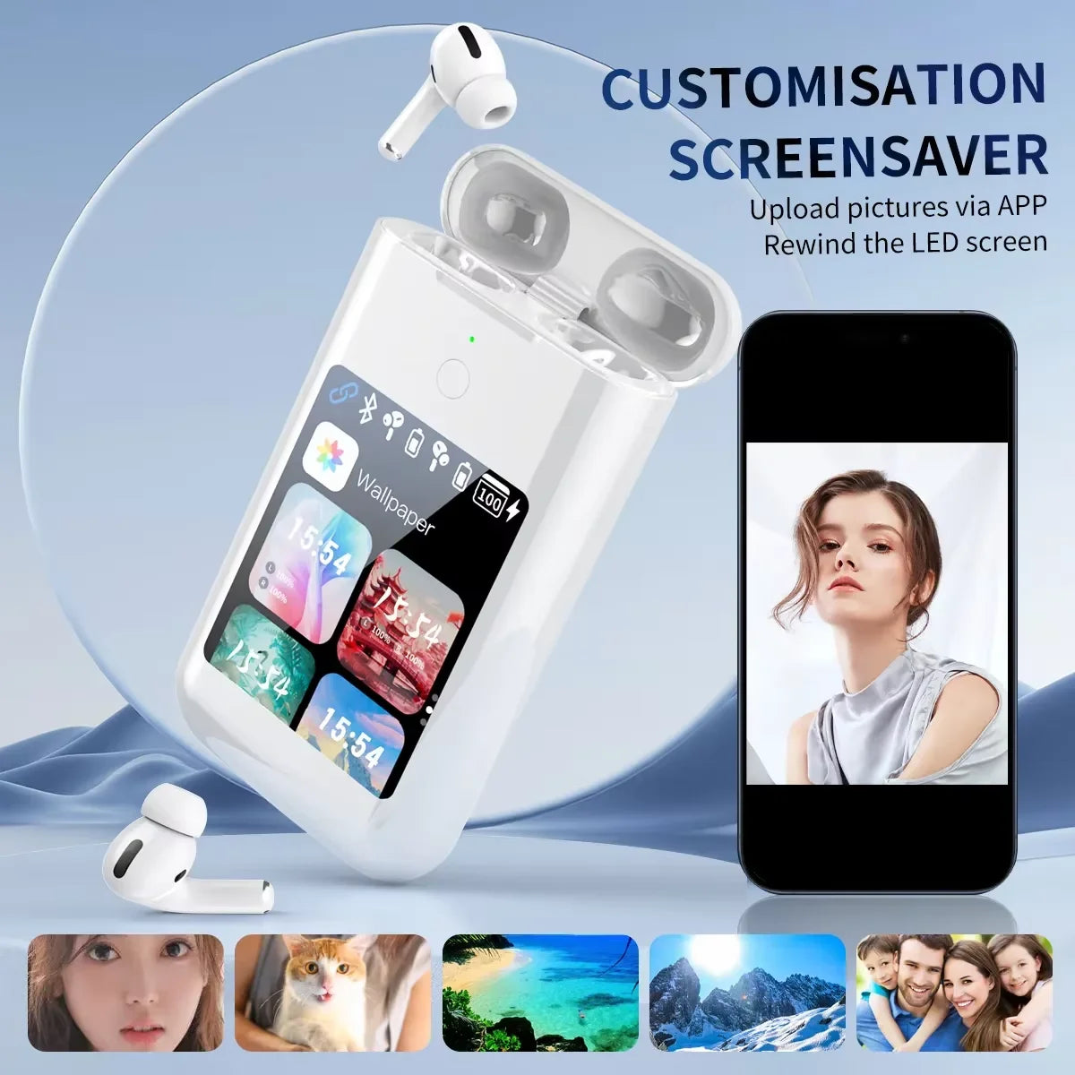 Mobile Power Bank/Headphones/Display Screen/Flashlight 4-in-1 Touch Screen Earbud High Fidelity Sound Quality With Large Battery