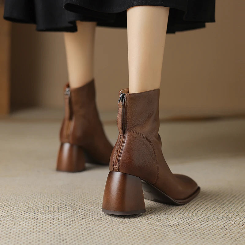2024 Autumn/winter Women Boots High Heels Square Toe Short Boots Women Shoes Office Lady Gladiator Lady Shoes Genuine Leather