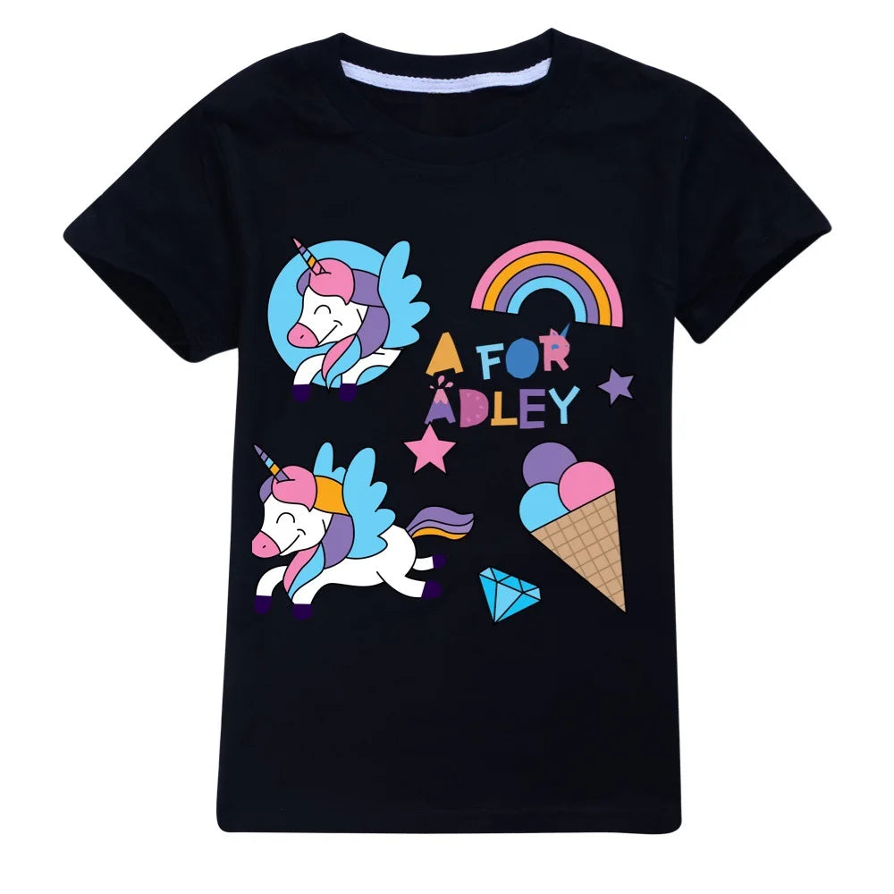 A para Adley, ropa para niño niña, Top gráfico de algodón para niños, camiseta de verano para niños, ropa Kawaii para adolescentes, camisetas para bebés y niños