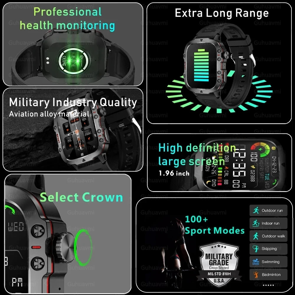 2024New Rugged Military Fitness Smart Watch Men For Android Xiaomi IOS 3ATM Waterproof Sport Ai Voice Calling Smartwatch Outdoor