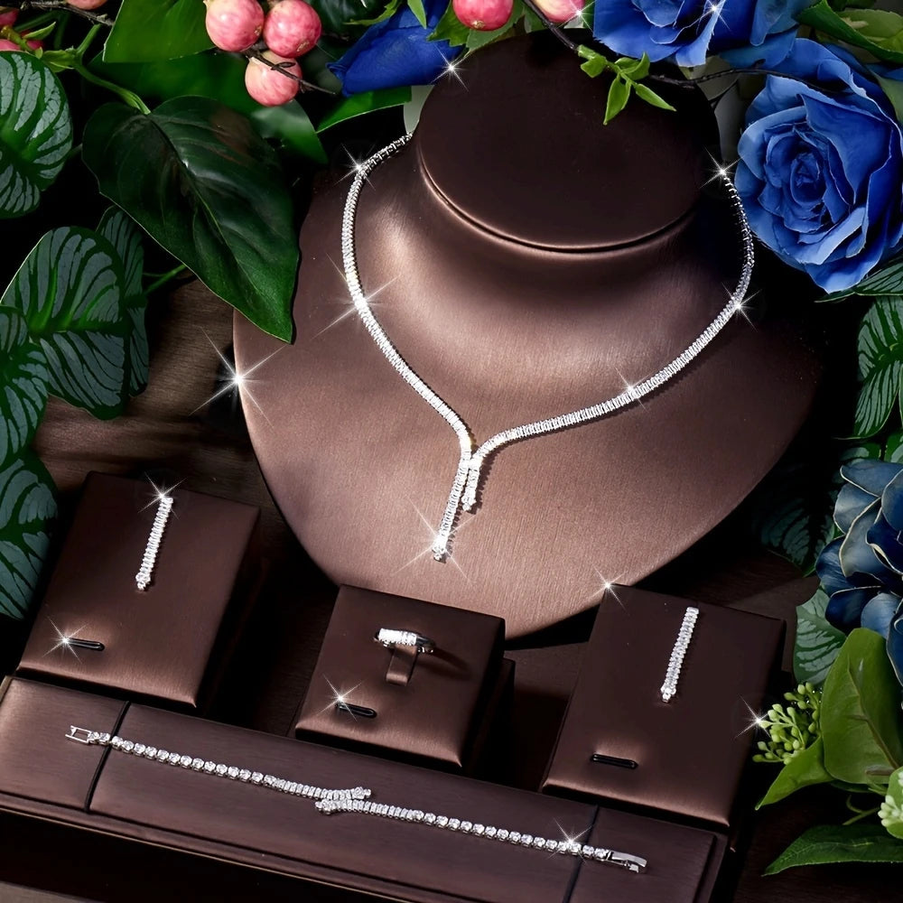 Simple CZ Ladies Jewelry Sets Water Drop Cubic Zirconia Crystal Tassel Earrings and Necklace Set for Women Gifts S-341