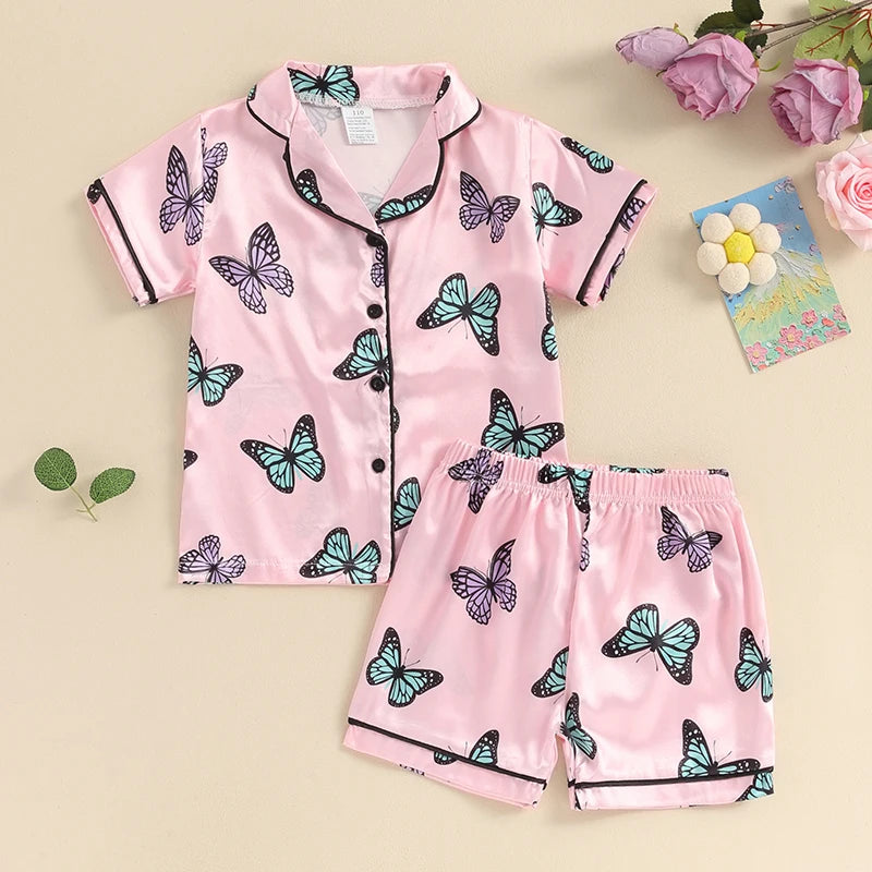 SUNSIOM Toddler Girls Pajama Sets Short Sleeve Lapel Shirt Butterfly Print Pants Sleepwear 2PCS Summer Casual Clothes