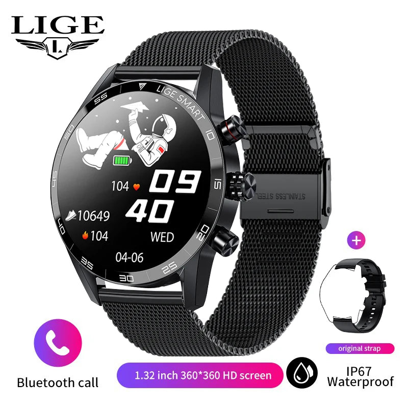 LIGE Men's Smart Watch Bluetooth Connection AMOLED Screen Smartwatch Men IP68 Waterproof Voice Call Samrtwatches for Android iOS
