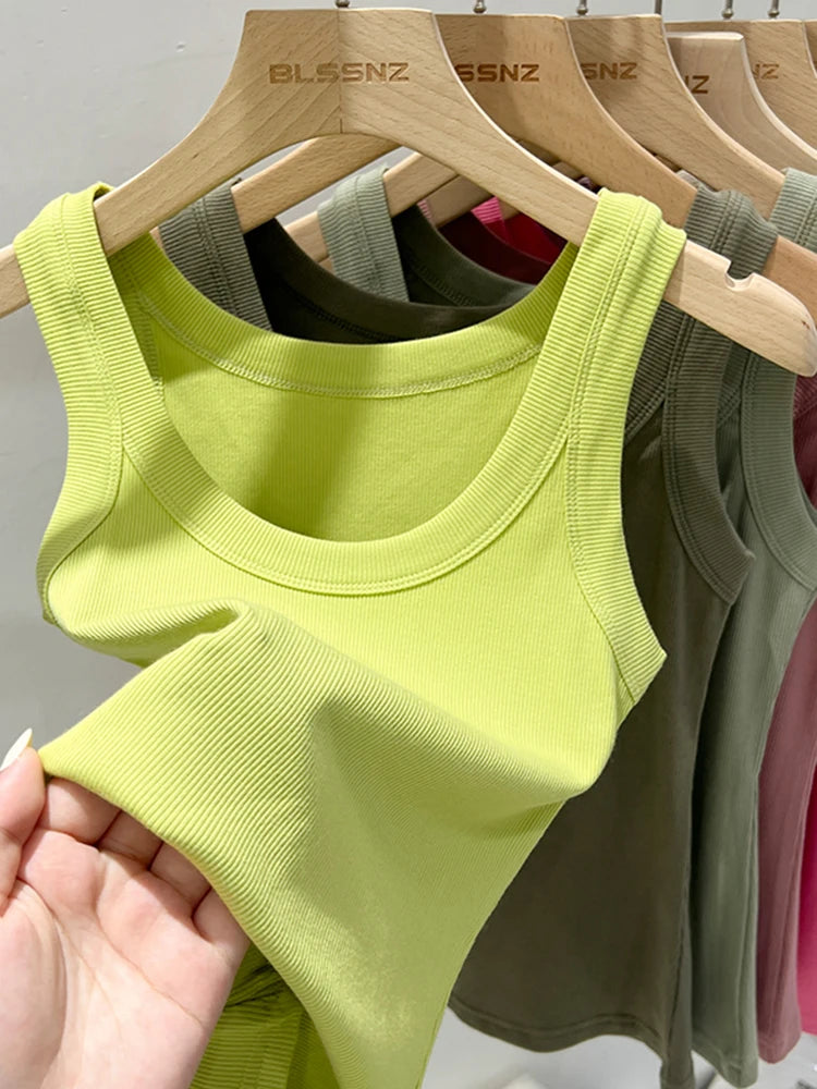 Women Solid Round Neck Ribbed Tank Top Camisole Women 2026 Summer Basic Elastic Tank Top O Neck Solid Tank Top
