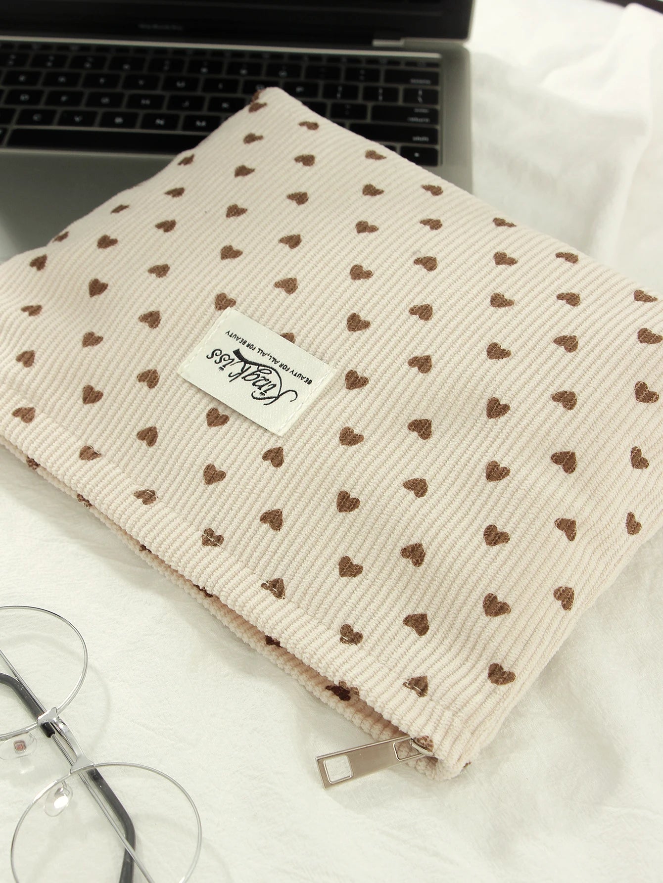 1 piece/set beige heart, bow makeup bag, heart pattern clutch, multifunctional fashion makeup bag, cute makeup brush storage bag