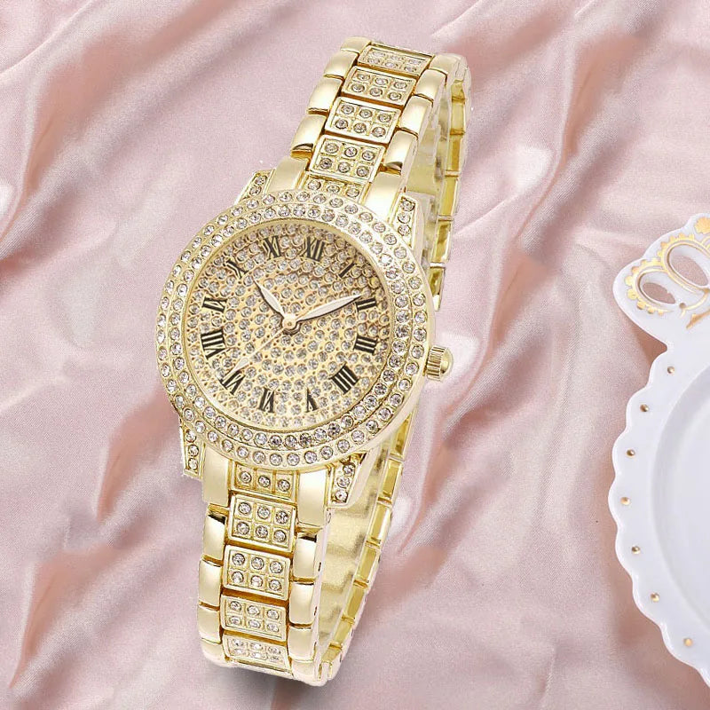 Luxury Women Watches Fashion Diamond Golden Ladies Quartz Watch Bracelet Set Dial Simple Rose Female Chain Women Watches