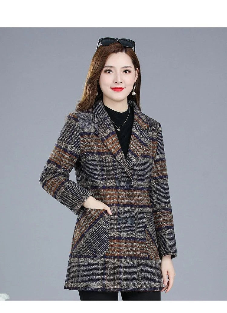 Mother's clothing Plaid Woolen Jacket 5xl Autumn Winter Female Thicken Slim Middle length Outwear Korea Women's Casual Wool Coat