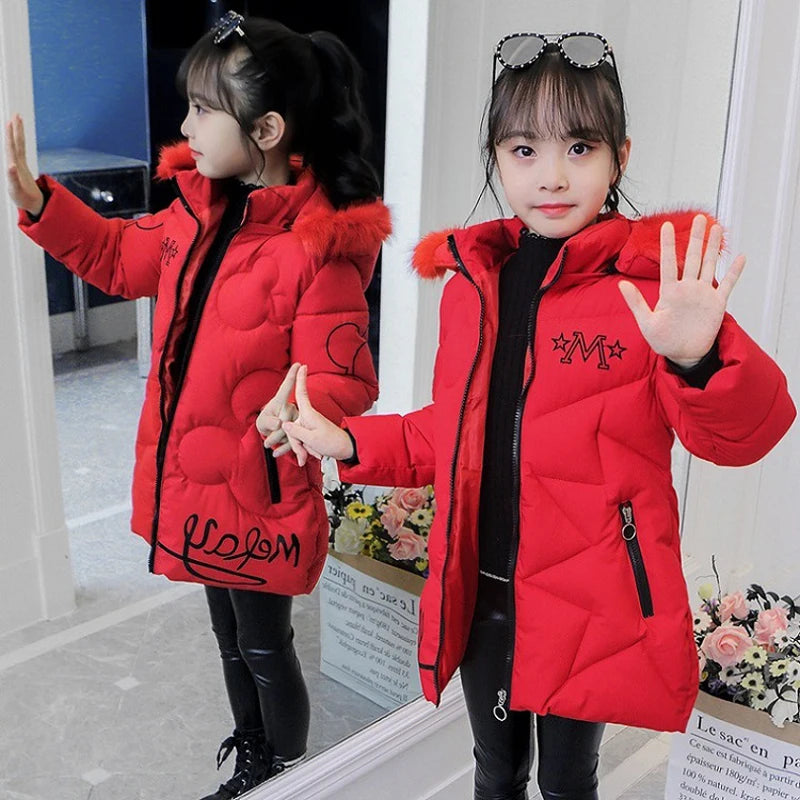 4-12 Years Winter Girls Jacket Fashion Printing Thick Keep Warm Cold Protection Detachable Hooded Windbreaker Coat For Girl