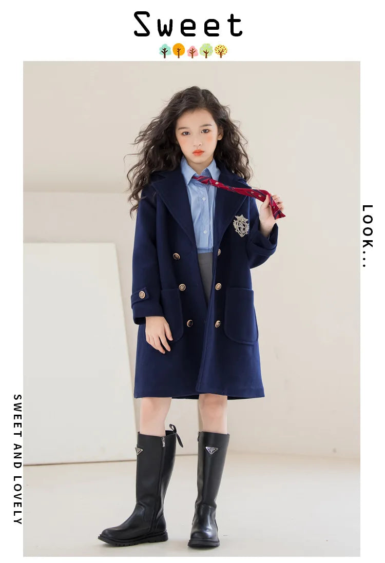 Teens Girls Winter Jacket Preppy Style Navy Mid-length Wool Coat for Kids Thick Warm Casual All-match School Children Outerwear