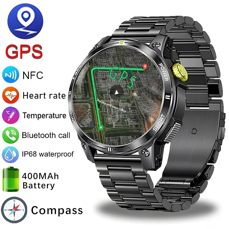 1.5" AMOLED HD Screen Bluetooth Call GPS Smart Watch Men Military Sports Fitness Tracker Smartwatch for Android IOS 400mAh 2024