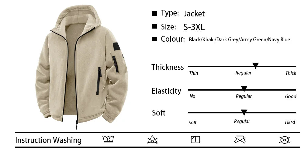 Men's Tactical Jacket Autumn Winter Thickened Warm Hooded Jackets Coats Outdoors Sports Full Zip Up Hoodies Hiking Outwear