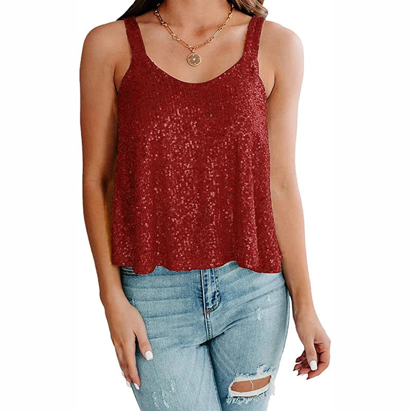 Sleeveless Sequin Tank Top Club Gala Women's Party Top Halter Top