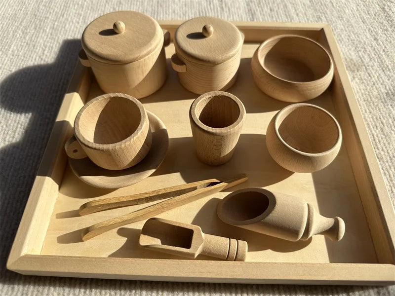 Kids Montessori Wood Toys Wooden Eggs Unpaint Sensory Kitchen Bowl Teapot Cups Toaster Baguette Early Learning Gift