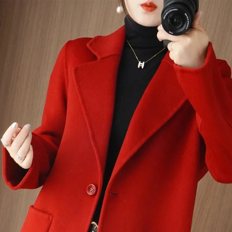 100% Pure Wool Double-Sided Cashmere Jacket Women Overcoat  Autumn Winter New Mid-Length One-Button Slim Wool Windbreakers coat