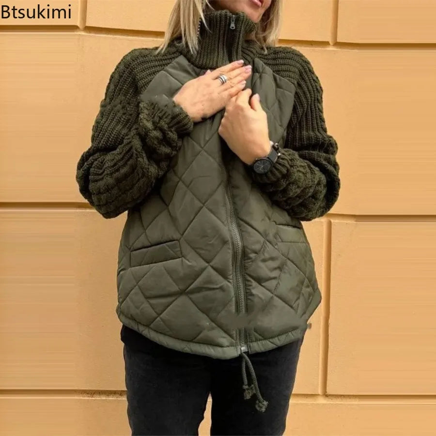 Winter Women Jackets Solid Stand Collar Neck Parkas Patchwork Drawstring Hem Zipper Closure Cotton Jacket Warm Cardigan Coats