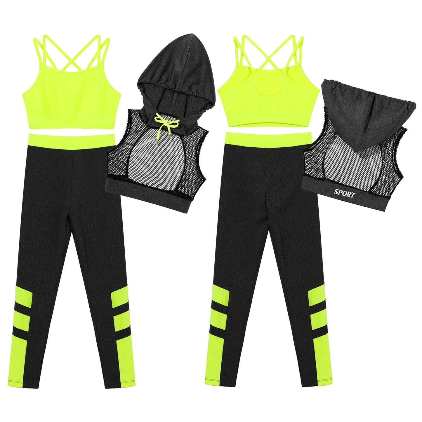 Kids Girls Sport Set 3 Piece Camisole Hooded Mesh Crop Top and Sports Leggings Jersey Suit Teens Hip Hop Street Dance Clothing