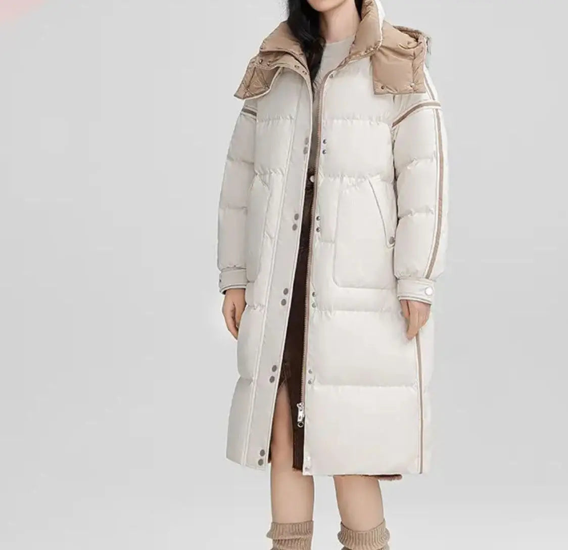 Winter Color-matched Plaid Hooded Casual Knee-length Down Jacket