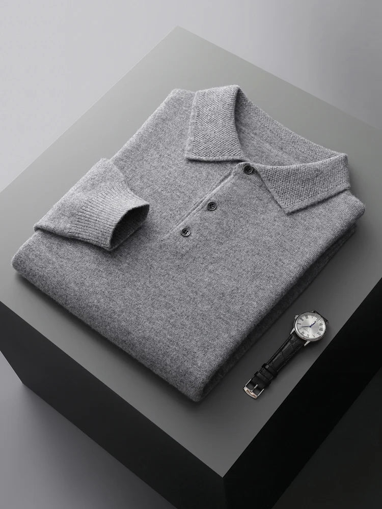 Fashion Autumn Winter New Cashmere Sweater Men's 100% Merino Wool Pullover Casual Loose POLO Knitted Bottom Shirt Jacket Shirt