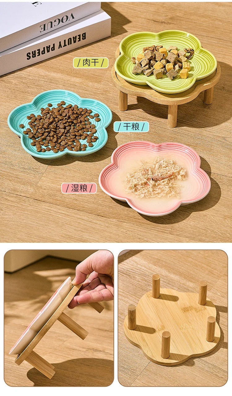 High Aesthetic Ceramic Pet Bowl with Wood Stand, Shallow Dish for Cat Snacks, Cute Bow Knot Pattern, Cat Food Dish,Home Kitchen