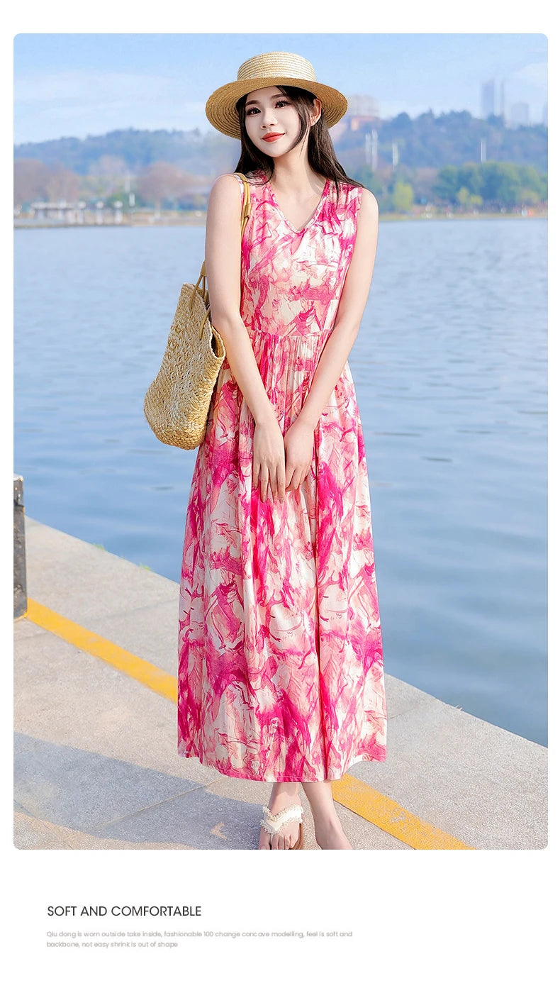 Spring Summer Dresses Fashion Female Sleeveless printed Casual Dress Women A-line Dresses Vestidos