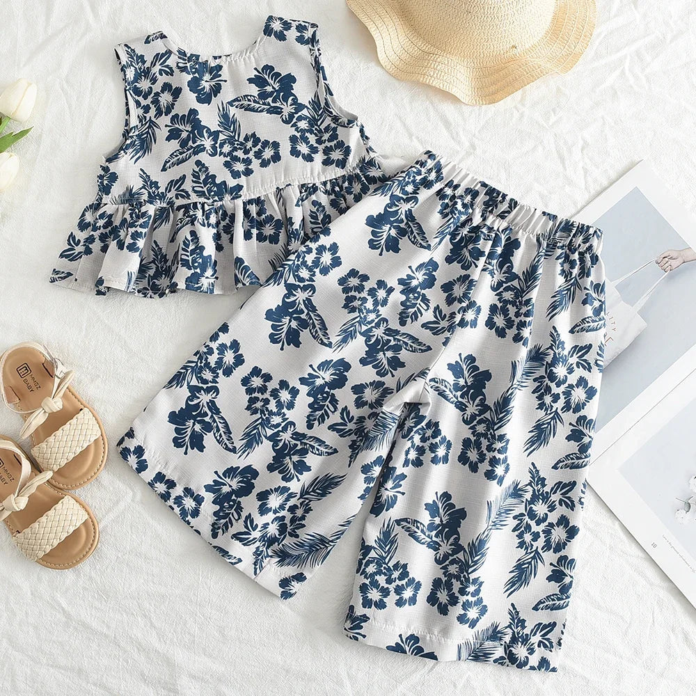 Bear Leader Girls Netflix Tops Wide-legged Pants Set Summer 2026 New Fashion Temperament Retro Floral Two-piece Girls Clothing