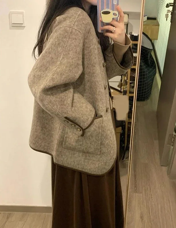 Wool Blend Coat for Women Short Plain Half Long Sleeve Elegant Mixtures Jacket Woman Fashion 2025 Winter Clothes Single Cheap