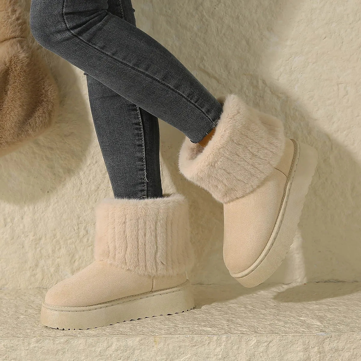 Shoes for Women Winter Slip on Women's Boots Black Round Toe Solid Flock Plush Warm Mid Heel Water Proof Casual Snow Boots Women