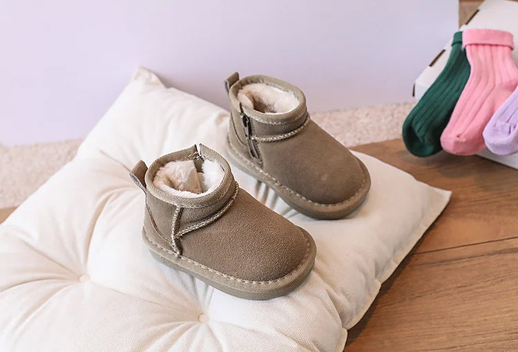 2025 New Winter Baby Snow Boots leather Warm Plush Little Boys Shoes Non-slip Fashion Toddler Girls Boots