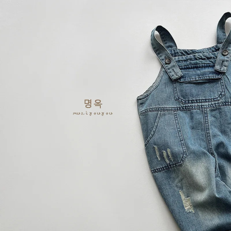 Spring New Boys Denim Overalls Girls Casual Jeans Fashion Kids Loose Strap Trousers Toddler Sleeveless Jumpsuit Children Clothes