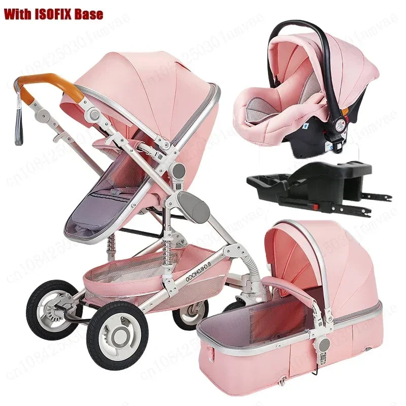 Baby stroller 3in1 with car seat with ISOFIX base, luxury high landscape baby carriage aluminum alloy frame travel stroller