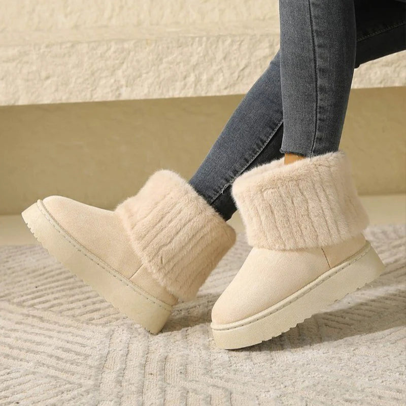 Shoes for Women Winter Slip on Women's Boots Black Round Toe Solid Flock Plush Warm Mid Heel Water Proof Casual Snow Boots Women