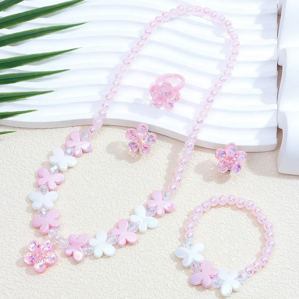Girls' 5-Piece Jewelry: Flower Pendant, Earrings, Ring, Beaded Necklace & Bracelet, Cute Versatile Kids' Accessories