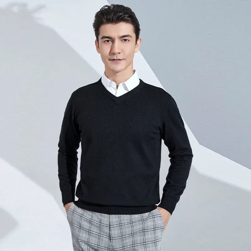Cashmere Cotton Blend Classic V-neck Knitted Sweater Men Pullover 2024 Autumn Winter Soft Warm Business Casual Jumper pull homme