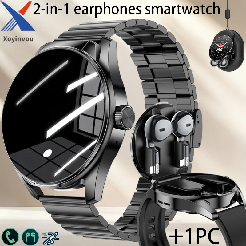 New TWS men's and women's watches, 2-in-1 smart watch, supports wireless calling, stylish round alloy case, intelligent sports f