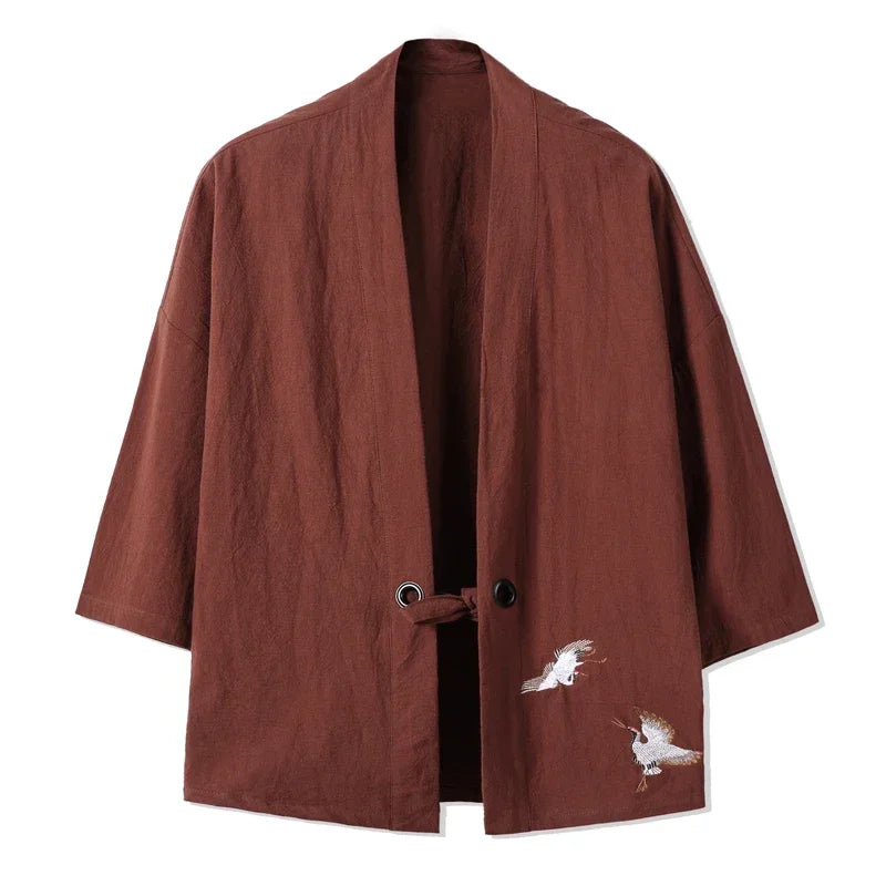 Men Kimono Crane Embroidery Harajuku Japanese Style Cardigan Casual Cotton Men Samurai Costume Yukata Asian Clothes Men Jackets