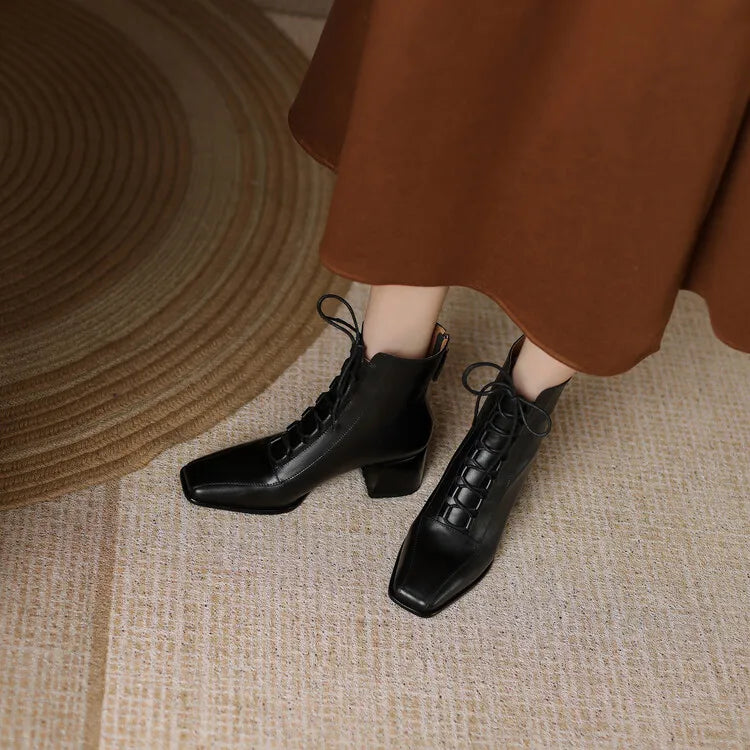 2022 Autumn Women Boots Square Toe Back Zipper Women Shoes Chunky Heels Shoes for Women High Heel Boots Vintage Leather Shoes