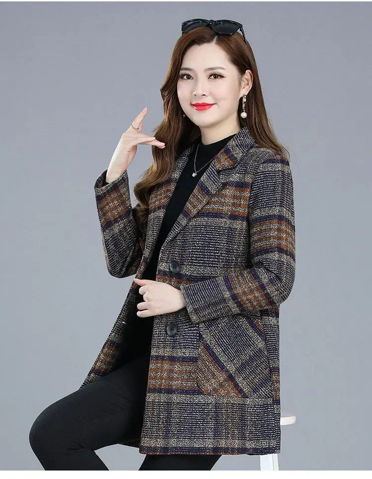 Mother's clothing Plaid Woolen Jacket 5xl Autumn Winter Female Thicken Slim Middle length Outwear Korea Women's Casual Wool Coat