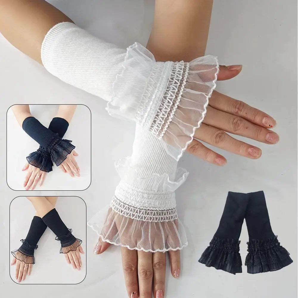 Women Sweater Fake Sleeves Hollow Out Crochet Floral Lace Horn Cuffs Embroidery Ruffles Elastic Wrist Warmers Lolita False Cuffs