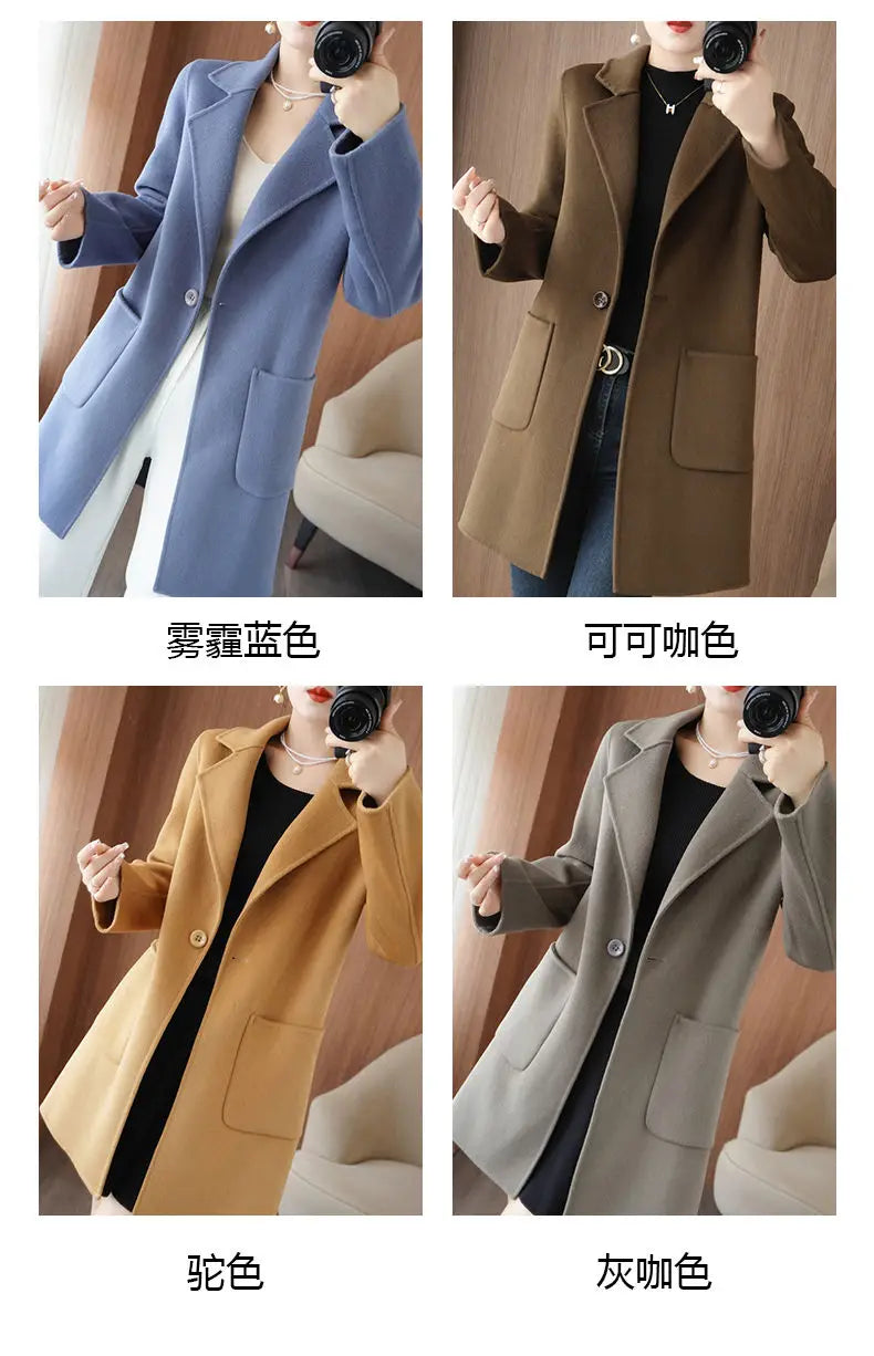 100% Pure Wool Double-Sided Cashmere Jacket Women Overcoat  Autumn Winter New Mid-Length One-Button Slim Wool Windbreakers coat