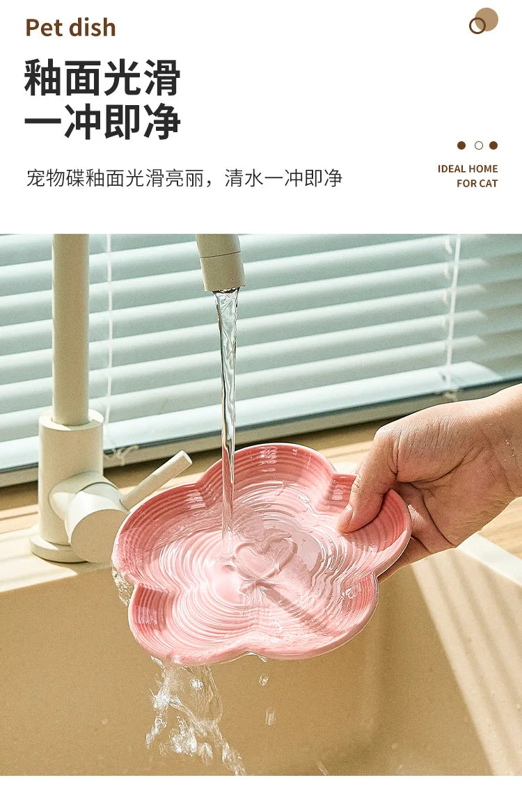 High Aesthetic Ceramic Pet Bowl with Wood Stand, Shallow Dish for Cat Snacks, Cute Bow Knot Pattern, Cat Food Dish,Home Kitchen