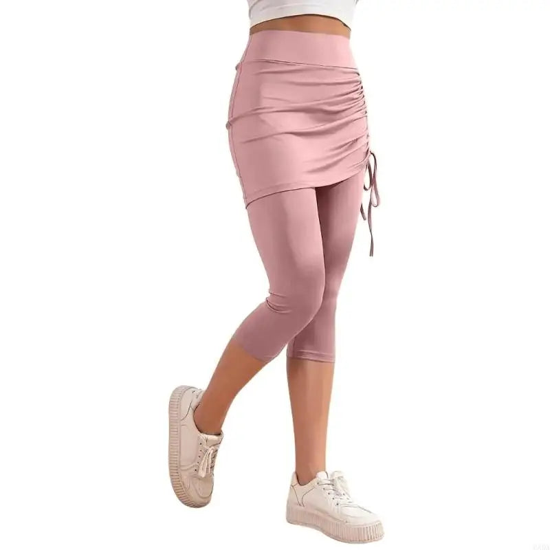 Womens Leggings Tummy High Skirted Leggings Drawstring Side Ruched Fit Workout Bottom 6XDA