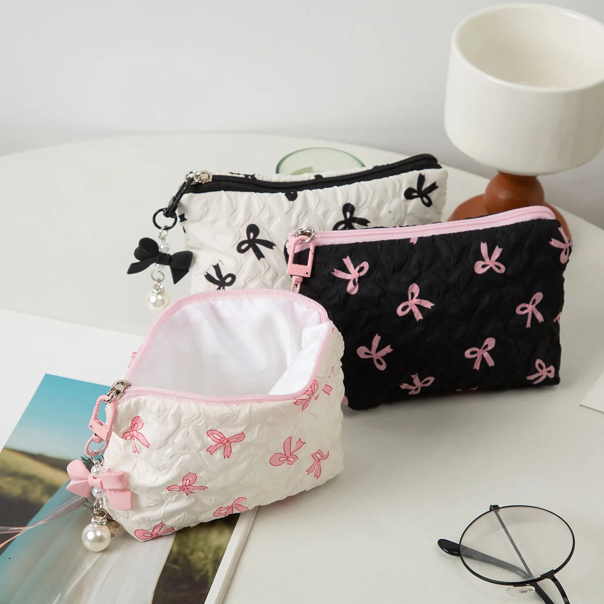Embroidered Bow Makeup Bag, High Appearance Level, Coin Purse Storage Bag, Cute, Large Capacity, High-End Makeup Bag