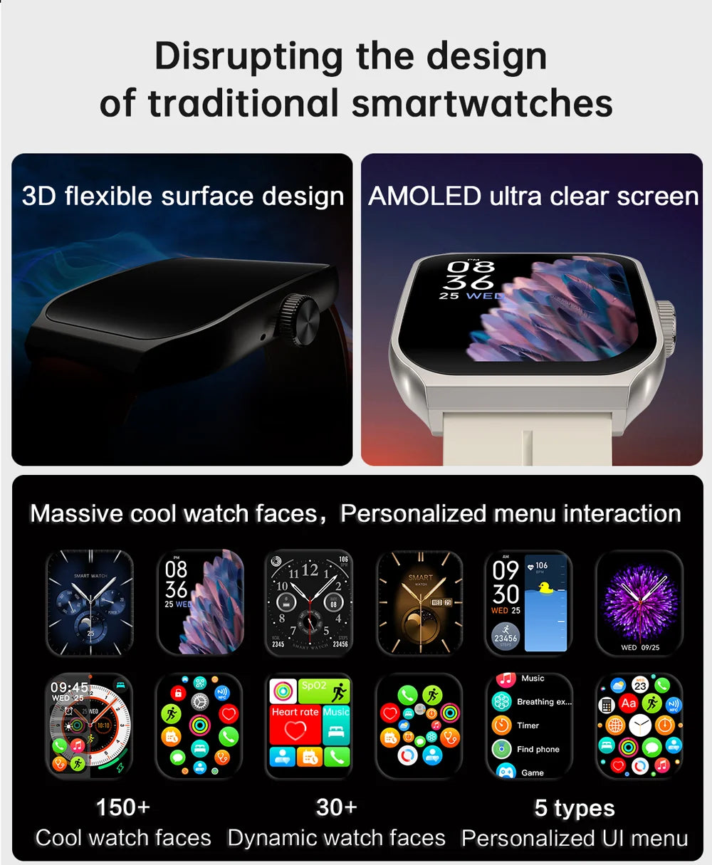 New AMOLED Smart Watch 1.96inch 3D Flexible Curved Screen Bluetooth Call Heart Rate NFC Waterproof Smartwatch For Android IOS